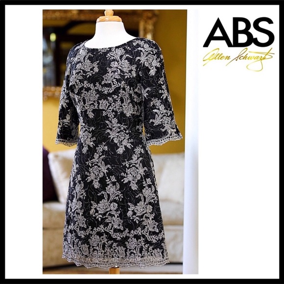 BLACK SEQUIN LACE SHORT SLEEVES A-LINE COCKTAIL FORMAL DRESS 80s RETRO STYLE A3C - Picture 7 of 7